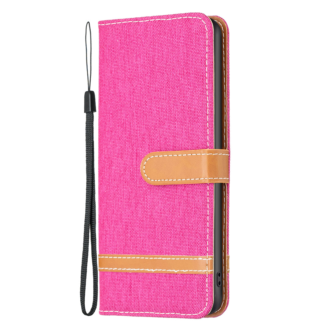 Uniqkart for iPhone 15 Plus PU Leather + TPU Phone Case Jeans Cloth Splicing Wallet Stand Anti-scratch Cover - Rose Uniqkart for iPhone 15 Plus PU Leather + TPU Phone Case Jeans Cloth Splicing Wallet Stand Anti-scratch Cover - Rose